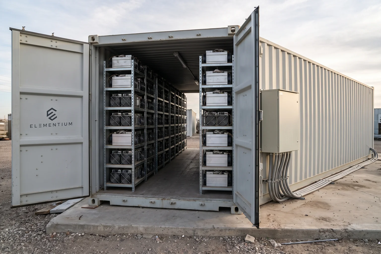 Illustrative mining container with an open aisle, racks of ASIC machines and an electrical cabinet